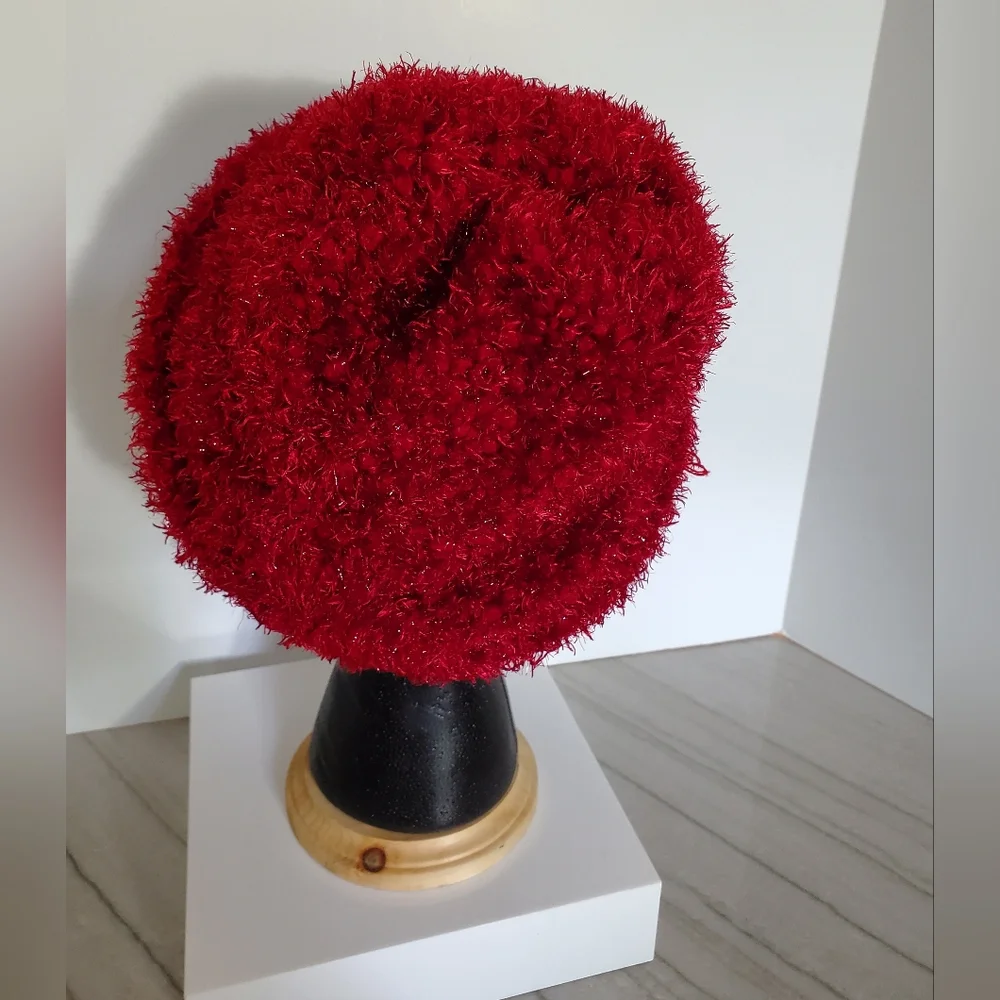 VINTAGE CEJON DARK RED BOUCLE METALLIC SPARKLE BUCKET HAT WOMEN OS COZY FESTIVE